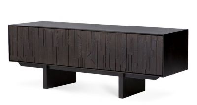 Ethnicraft Mosaic TV Möbel: Dunkles Holz TV Lowboard mit geometrischen Mustern.